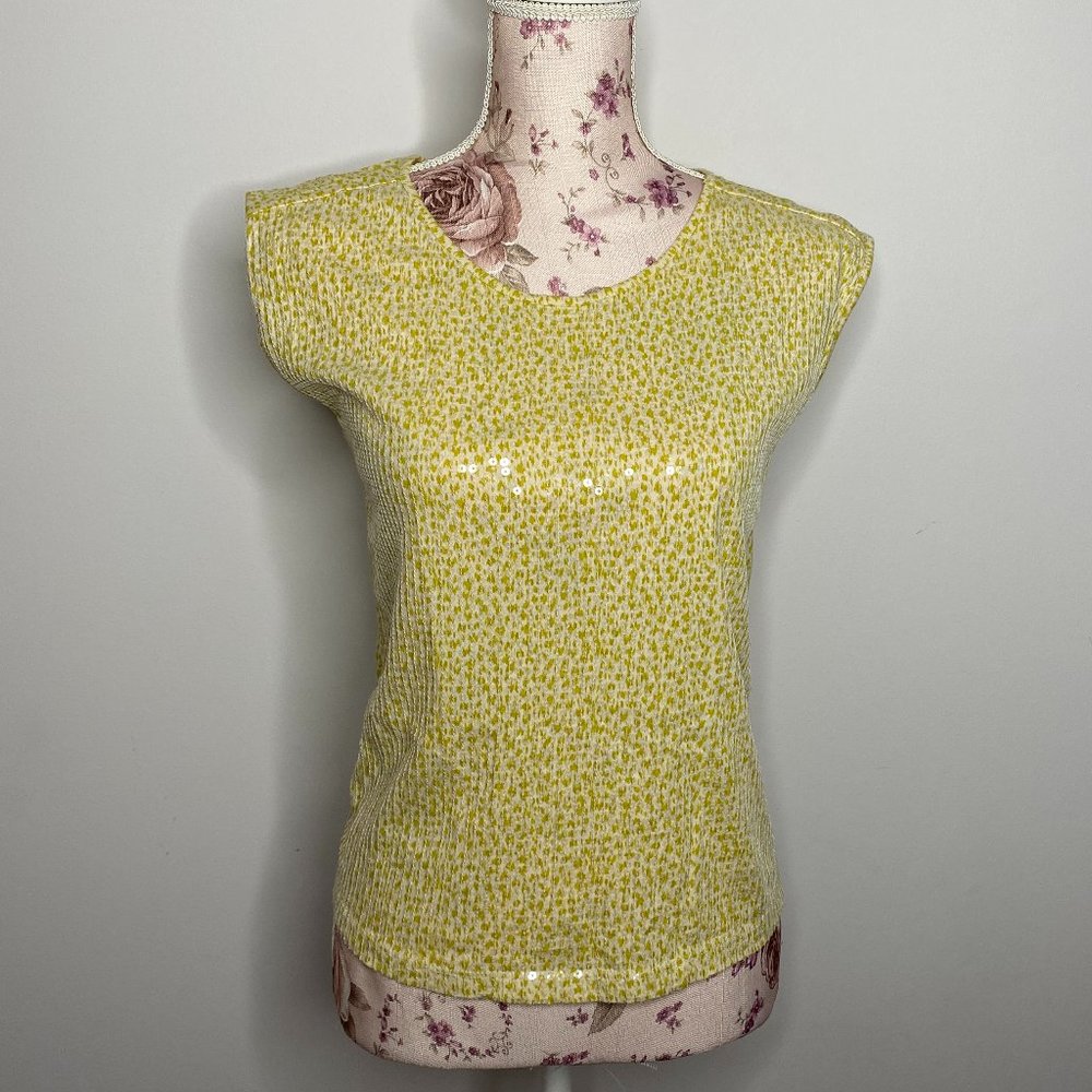 LOFT Sequin Shirt Cap Sleeves 100% Cotton Size Petite XS
